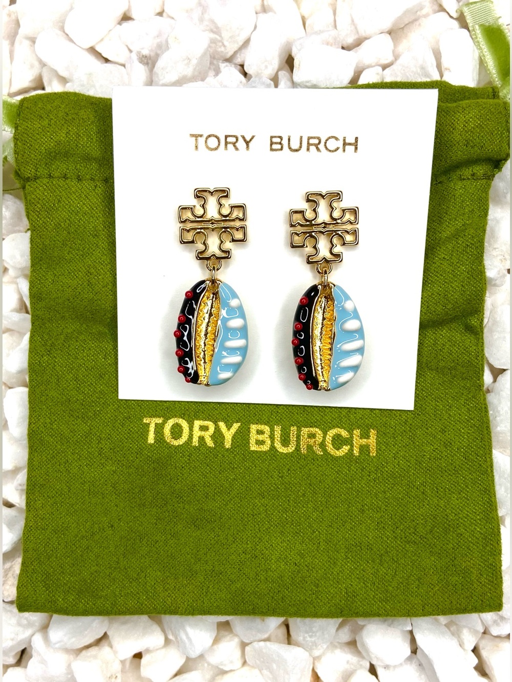 Tory Burch Gold Logo Drop Earrings with Sky Blue, Black & Red Accents - Picture 2 of 2